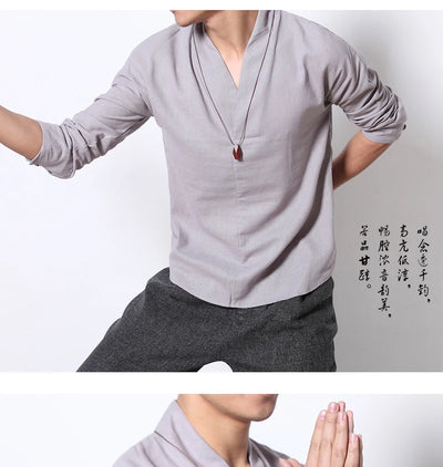 Camisa Lino Manga Larga Estilo Chino Retro para Hombre - Image 20