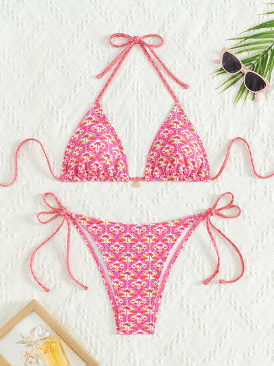 Red floral print triangle cup bikini set with matching bottom, featuring a small gold charm on the top. - Image 7