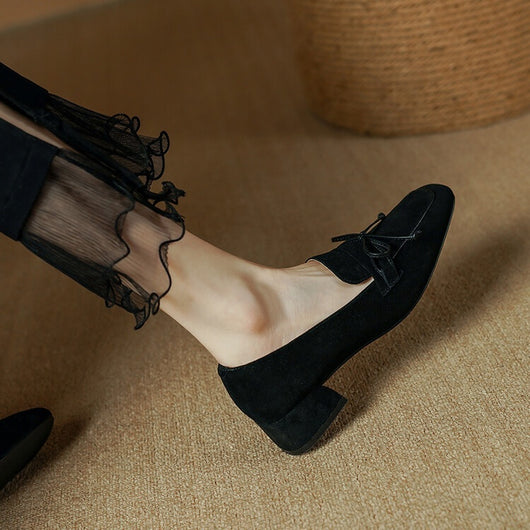 Zapatos de Tacón Grueso con Punta Cuadrada y Moño - Comodidad Premium en Cuero Dividido - Image 14