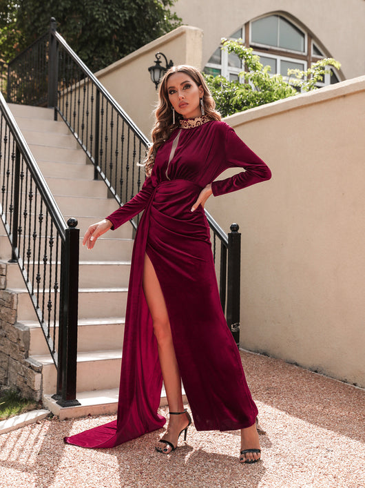 Vestido de Noche Coreano de Terciopelo con Cuello Alto Elegante - Image 7