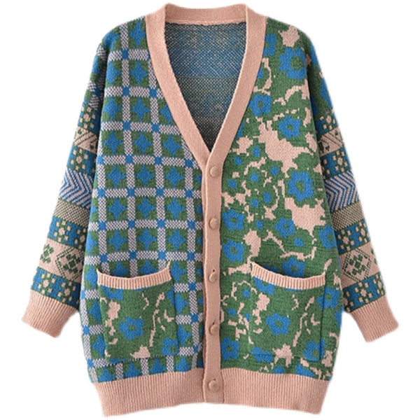 Suéter de Lana Tejido Jacquard Suelto para Mujer con Botón Simple