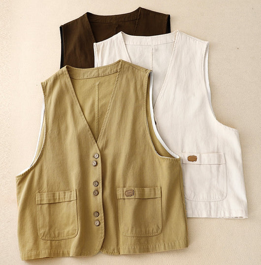 Chaleco Retro Coreano Mujer en Algodón y Lino - Image 23