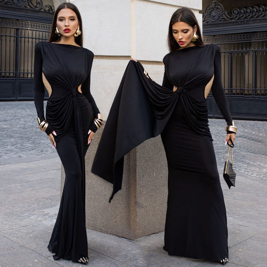 Vestido Largo Ajustado con Espalda Hueca - Manga Larga Sexy