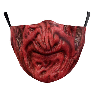 Red textured Halloween face mask with a grotesque skin design, prominent nose, and open mouth, featuring black ear loops. - Image 16