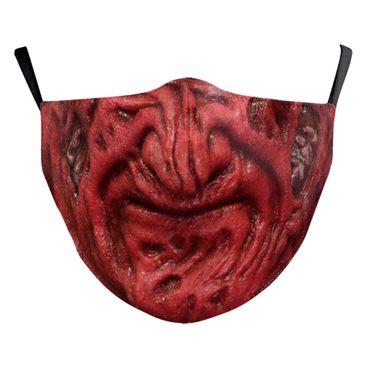 Red textured Halloween face mask with a grotesque skin design, prominent nose, and open mouth, featuring black ear loops. - Image 16