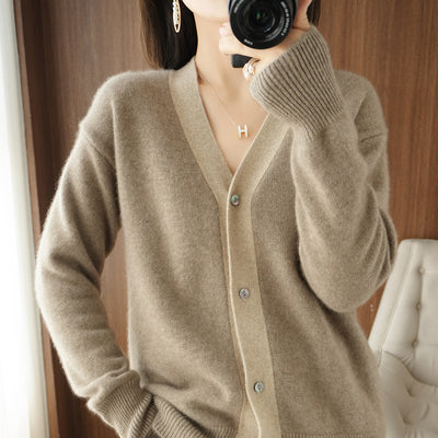 Cardigan de Cuello V en Cashmere con Bloques de Color para Mujer - Image 3