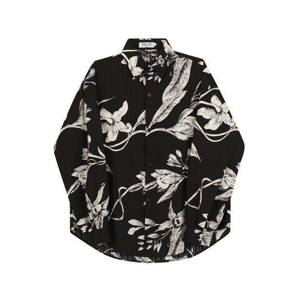 Camisa Negra Hombre Manga Larga Suelta Estampado Floral