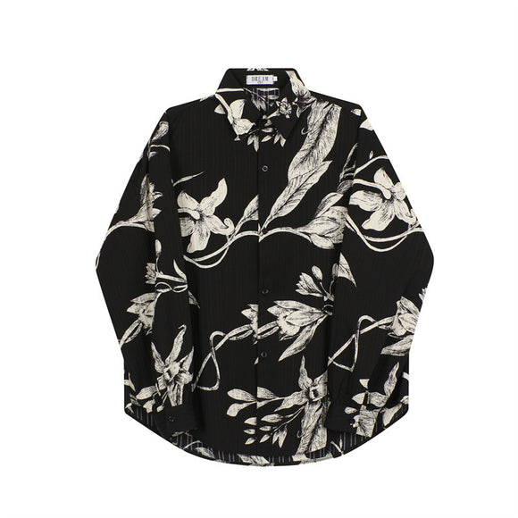 Camisa Negra Hombre Manga Larga Suelta Estampado Floral