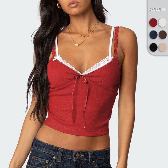 Blusa Elegante Lazo Contraste de Colores con Encaje Falsa Dos Piezas