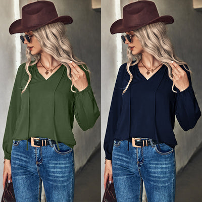 Blusa Escote V Manga Larga Color Liso - Diseño Elegante y Versátil