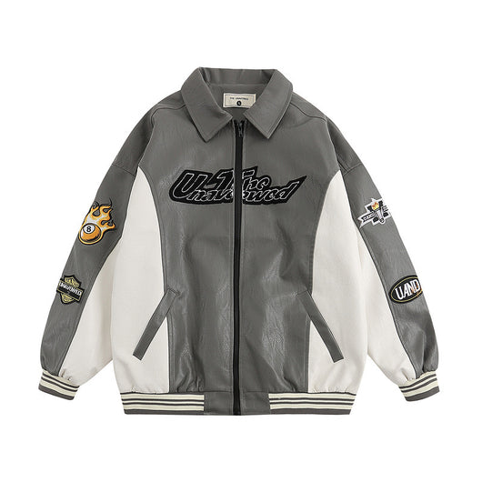 Chaqueta Universitaria Retro PU Bordada Suelta para Hombre - Image 8