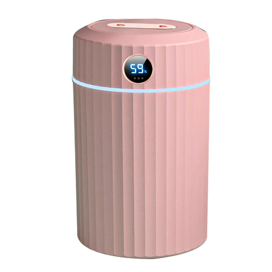 Pink cylindrical humidifier with ribbed texture, digital display showing 59%, and a light blue LED ring. - Image 10