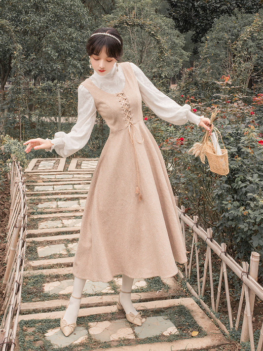 Conjunto Elegante de Blusa con Mangas Farol y Falda Chaleco de Lana - Inspiración Francesa