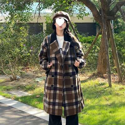 Abrigo de Lana Cuadros Coreano Café para Mujer - Image 2