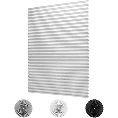 Gray pleated self-adhesive window shade with swatches for white, gray, and black color options. - Image 8