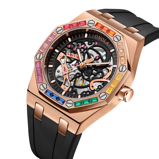 Reloj Automático para Hombre con Banda de Silicona Arcoíris y Diamantes - Image 14