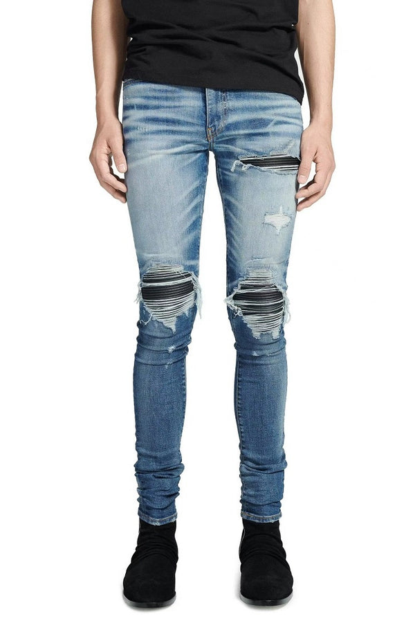 Jeans Vintage Desgastados con Parches de Cuero y Diseño Patchwork para Hombre