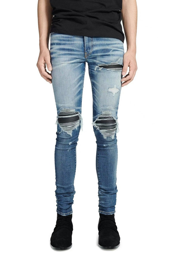 Jeans Vintage Desgastados con Parches de Cuero y Diseño Patchwork para Hombre