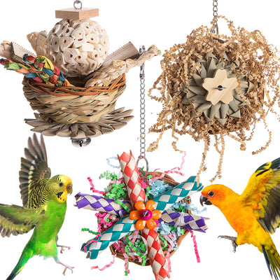 Colorful parrot bird toy with a woven basket base, braided chew sticks, crinkled paper, and a metal hanging chain. - Image 2