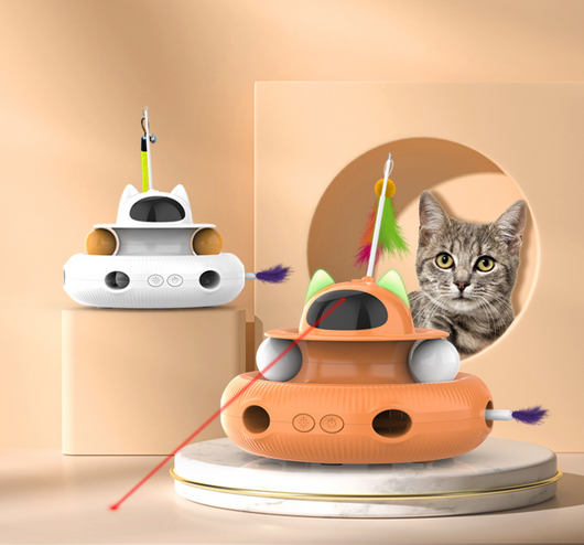 Orange automatic cat teaser toy with a laser, feather wand, and rolling balls, featuring a cat-ear design. - Image 10