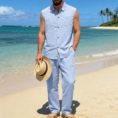 Conjunto de Lino Holgado para Hombre: Camisa sin Mangas y Pantalón Recto - Image 34