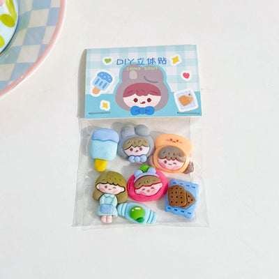 Set of 7 cute 3D resin stickers featuring cartoon characters, an ice cream bar, and a cookie snack. - Image 7