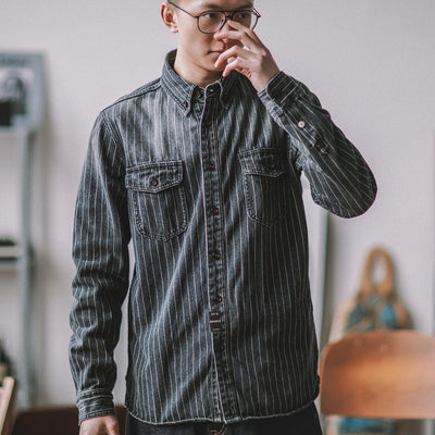 Camisa Denim Vintage a Rayas Verticales Manga Larga para Hombre - Image 7