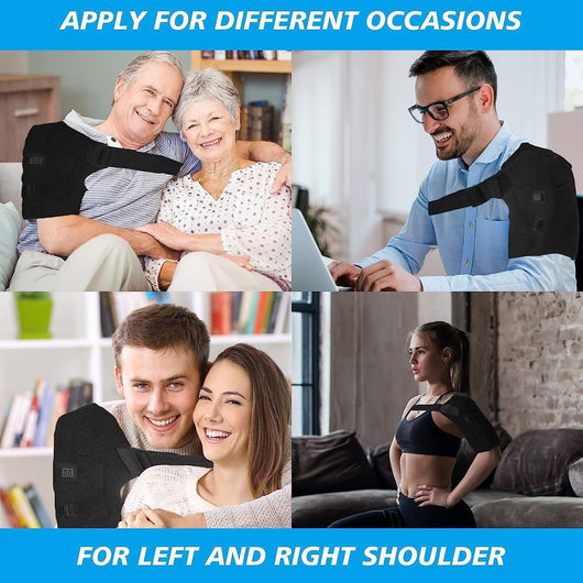 Man wearing a black electric heating shoulder pad with adjustable straps for therapeutic warmth and support. - Image 10