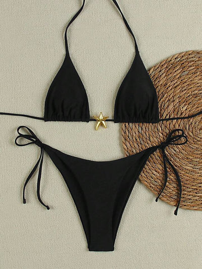 White women's bikini with triangle top and tie-side bottom, featuring a gold starfish charm on the center front. - Image 7