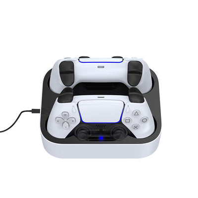 White and black dual charging dock for PS5 gamepads, featuring two charging ports and two storage slots. - Image 8