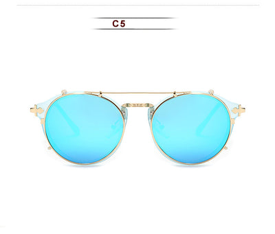 Round frame sunglasses with light blue mirrored lenses and a gold-tone metal frame, featuring a double bridge. - Image 11