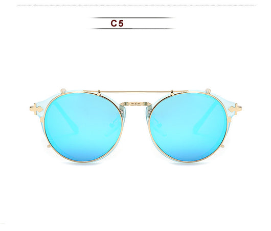 Round frame sunglasses with light blue mirrored lenses and a gold-tone metal frame, featuring a double bridge. - Image 11