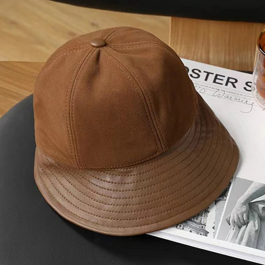 Sombrero Tipo Cubo de Cuero Genuino Estilo Coreano para Otoño e Invierno - Image 2