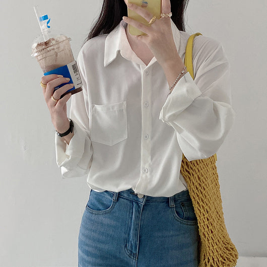 Blusa Holgada de Lino Solapa Manga Larga Color Sólido