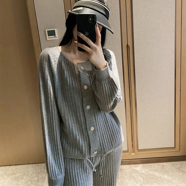 Conjunto Casual de Cardigan Tejido y Pantalón Ancho Tendencia