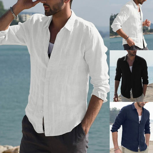 Camisa Casual de Algodón y Lino para Hombre - Manga Larga Otoño Invierno