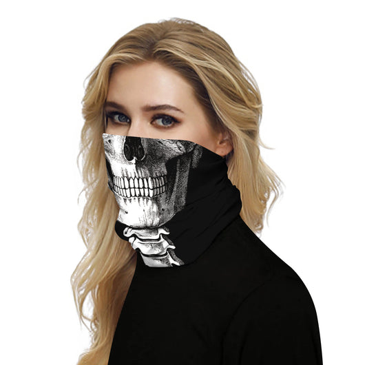 Black and white neck gaiter featuring a detailed skull and spine print, suitable for outdoor sports. - Image 4