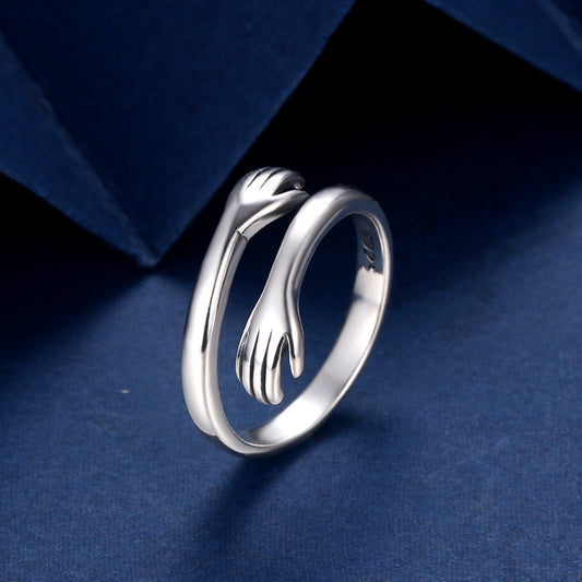 Anillo de Plata 925 Dos Manos Abrazo Retro Tailandés Minimalista