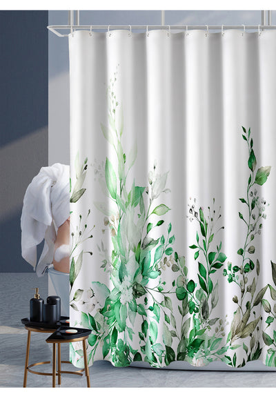 White shower curtain with a vibrant green botanical leaf print, hanging in a bright, modern bathroom. - Image 12