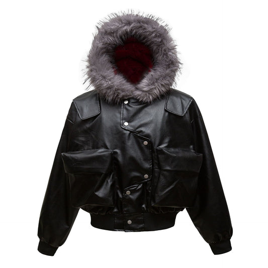 Abrigo Acolchado de Cuero PU Retro con Bolsillos Tridimensionales para Hombre