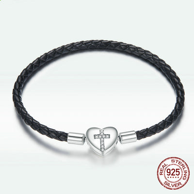 Pulsera de Plata Esterlina 925 Corazón Amor con Cruz Trenzada Negra - Image 8