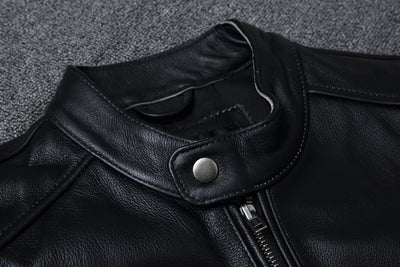 Chaqueta de Cuero Genuino Estilo Retro con Cuello Mao para Hombre - Image 12
