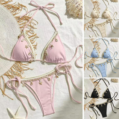 Light pink ribbed halterneck bikini with triangle cups and tie-side bottom, adorned with shell and starfish charms. - Image 2