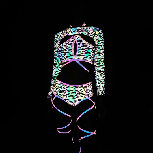Traje de Baño Reflectante de Tres Piezas con Estampado Colorido para Mujer - Image 3
