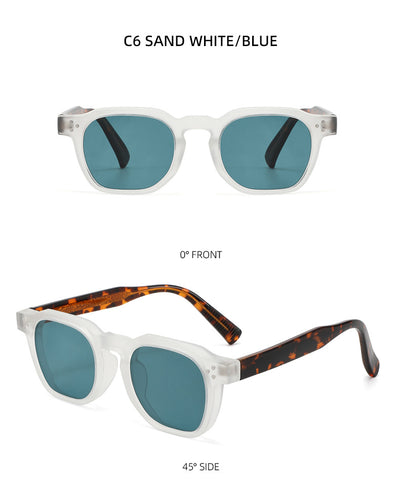 Black square frame sunglasses with dark lenses and small silver accents on the front, shown at an angle. - Image 19
