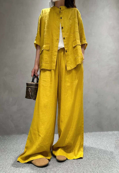 Conjunto de Lino Casual: Camisa Manga Corta y Pantalón de Color Liso - Image 13