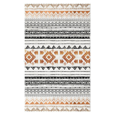 Rectangular area rug with white background and horizontal stripes of black, teal, and yellow tribal patterns. - Image 29