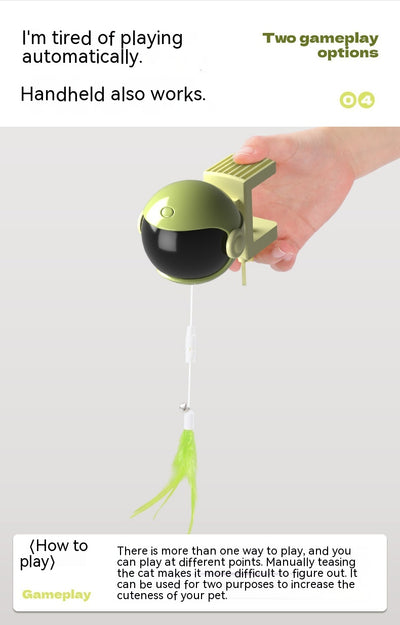 Automatic lifting cat toy with a yellow ball and white clamp, featuring interchangeable feather and pom-pom attachments. - Image 17
