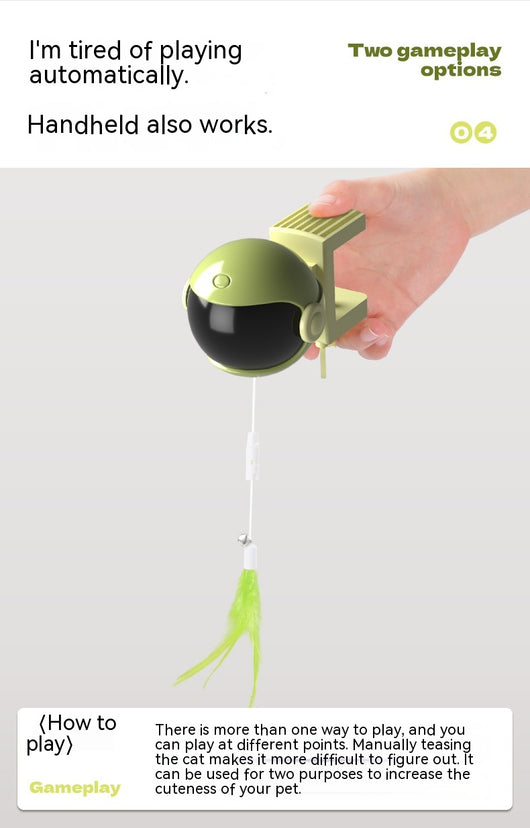 Automatic lifting cat toy with a yellow ball and white clamp, featuring interchangeable feather and pom-pom attachments. - Image 17