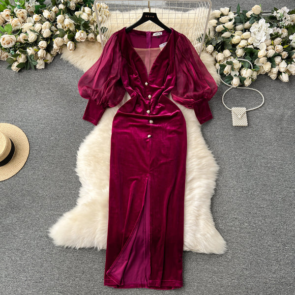 Vestido Vintage de Terciopelo Lujo Accesible con Mangas Farol